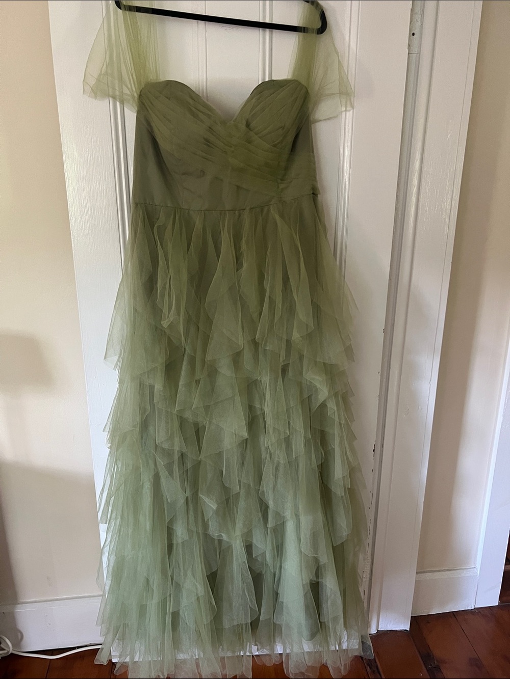 Olive Green Tulle Ruffled Evening Dress - Strapless Sweetheart